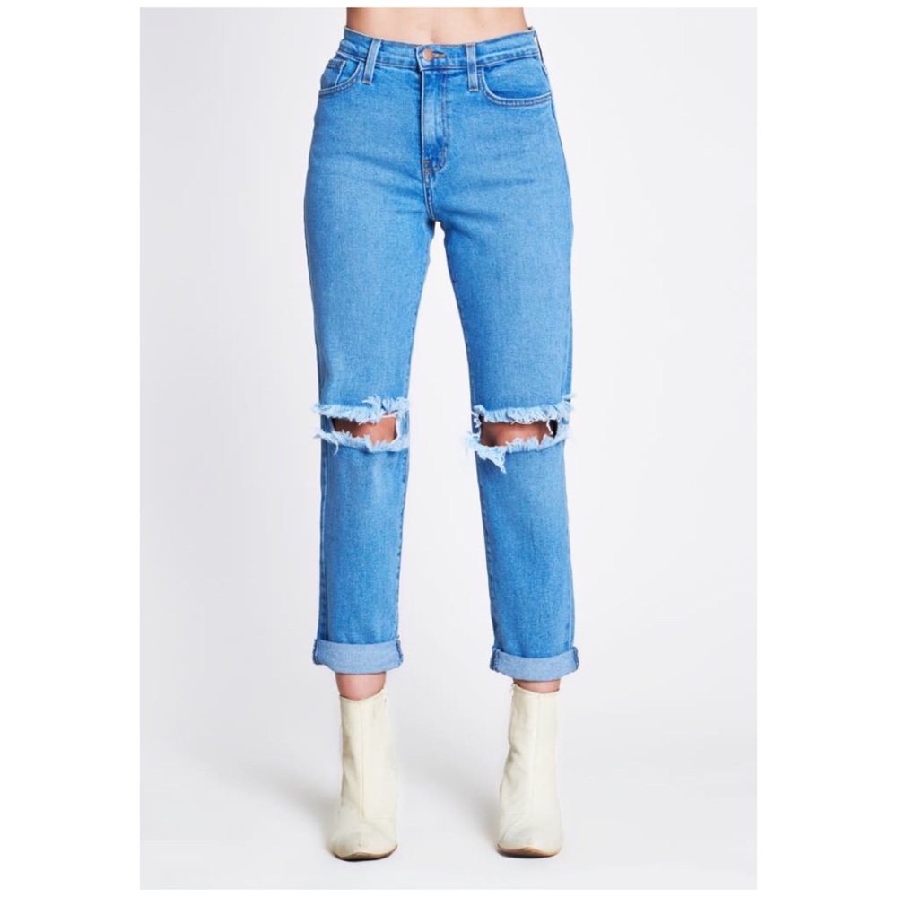 High Rise Busted Ripped Knee Mom Boyfriend Jeans - Picture 2 of 4